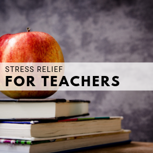 Image text: stress relief for teachers. Stack of books with apple on top.